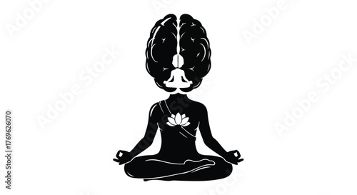 Black and white illustration of meditating figure with brain and lotus flower design element