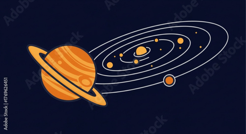 Illustration of a planet with rings orbiting the sun on a dark blue background