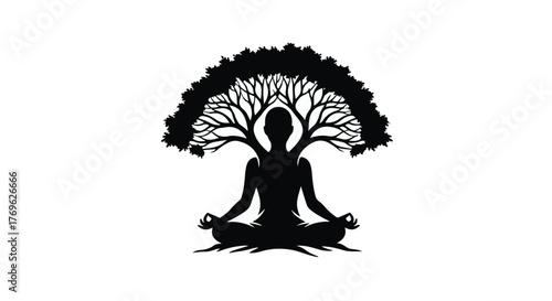 Silhouette of person meditating under tree with branches forming body and leaves as canopy