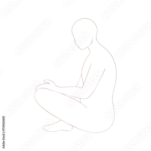Minimalist human figure outline crouching simple artistic line drawing pose isolated on white background