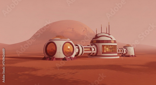 Futuristic mars base on the red planet surface with a mountain in background