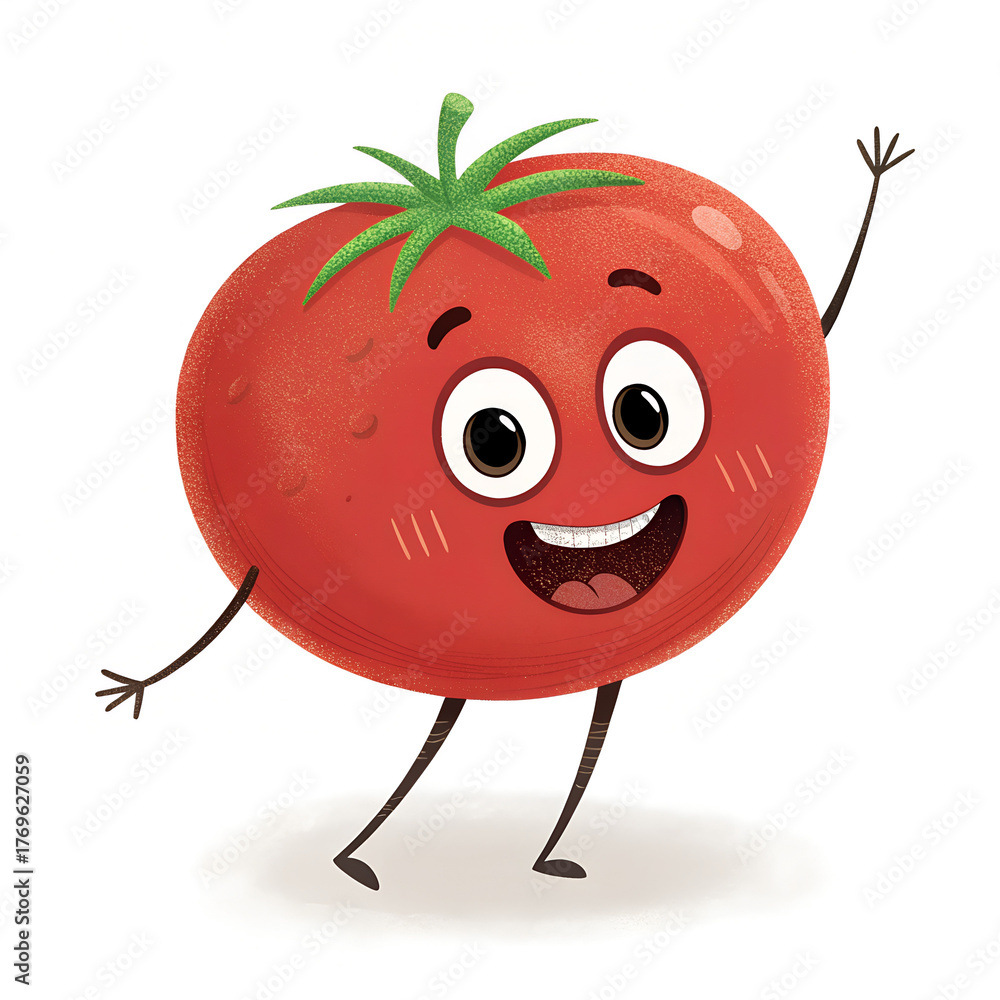 Fototapeta premium A funny red tomato cartoon character with a happy smile is an isolated vector illustration of this healthy fruit or vegetable