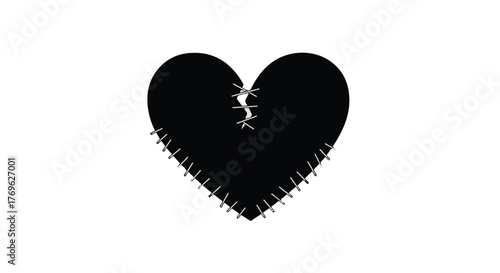 A black heart with a crack in the middle stitched together on a white background in vector art
