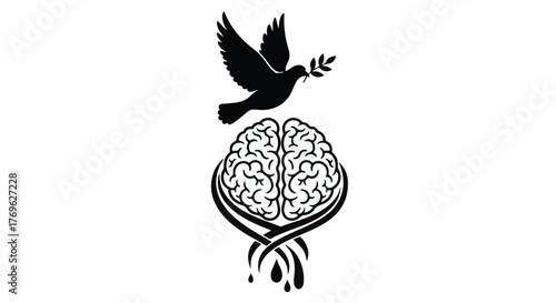 A black and white image of a dove holding a branch above a brain with dripping elements