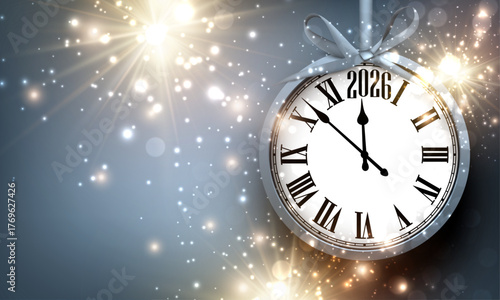 Elegant hanging clock with Roman numerals glowing as it nears 2026. Vector illustration for New Year themes.