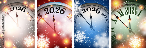 Festive snowy clocks in red, blue, green, and gold tones counting down to 2026. Perfect holiday Vector illustration.