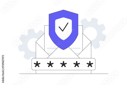 Email protection and OTP verification. Shield and password on envelope depict secure messaging and prevention of unauthorized access. Flat Cartoon Vector Illustration, icon Stylish abstract design 