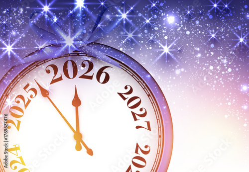 Sparkling clock styled like a festive gift with bow, striking midnight for 2026. Vector illustration.