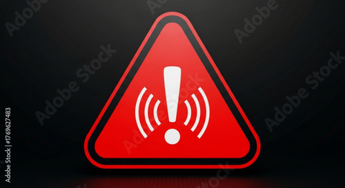 Red warning sign with exclamation mark and wireless signal on dark background