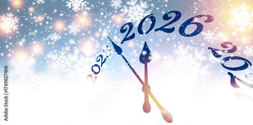 Whimsical snowflakes and soft lights surround a clock counting down to 2026. Vector illustration.
