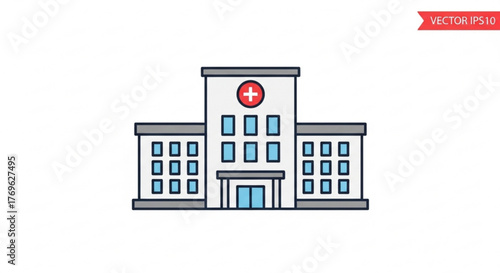 Hospital building with a red cross