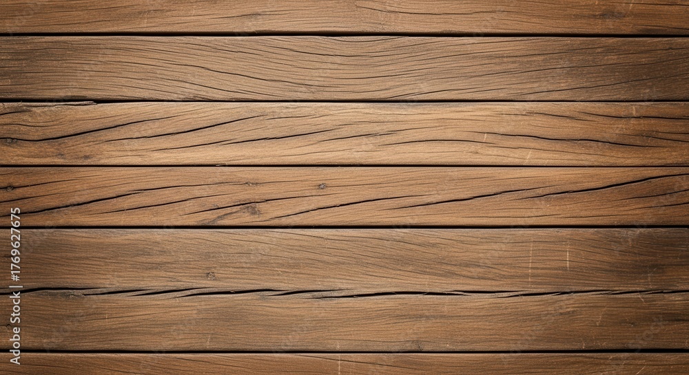 Fototapeta premium Closeup view of weathered wooden planks with visible grain and texture, creating a rustic background