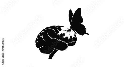 Black silhouette of a brain with a butterfly on it against a white background vector graphic