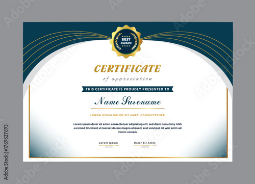 Fotografie Elegant blue and gold certificate of appreciation template vector design