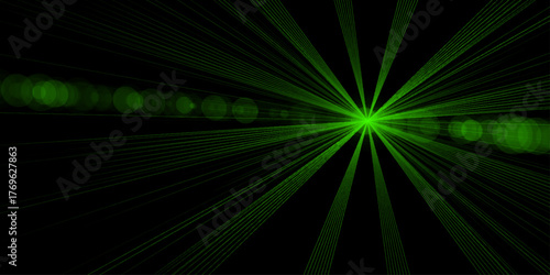 Abstract green light burst effect with radial streaks emanating from the center on a dark background. futuristic speed motion with green rays of light abstract background. 