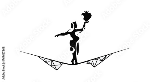 Silhouette of woman balancing on tightrope holding bitten apple against white background art concept