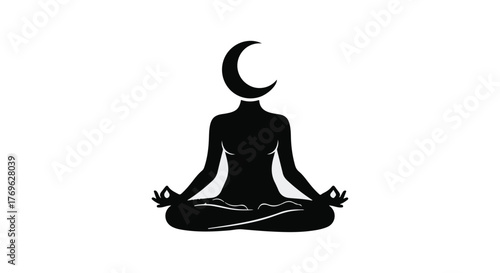 Black silhouette of a woman in lotus position with a crescent moon as the head on white