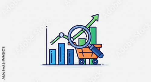 Sales growth analysis with chart, shopping cart, and magnifying glass