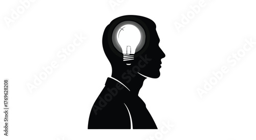 Silhouette of a man with a lightbulb inside his head representing idea generation and inspiration
