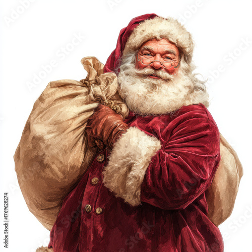 Jolly Santa Claus: Close-up Portrait with a Full Sack of Presents.