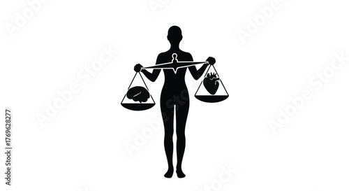 Silhouette of figure holding scales with brain and heart representing balance and decision making