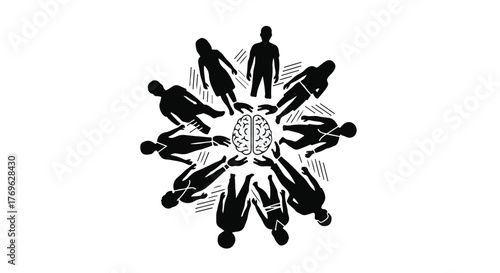 Group of silhouettes surrounding brain illustration on a white background design art