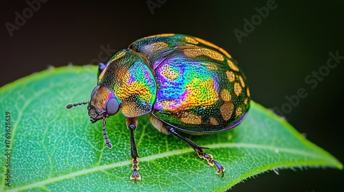 Iridescent Golden Tortoise Beetle Resting on a Leaf