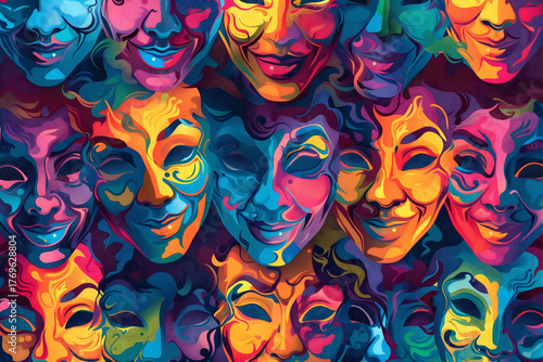 Artistic Abstract Pattern of Carnival Masks in Bold Swirling Colors