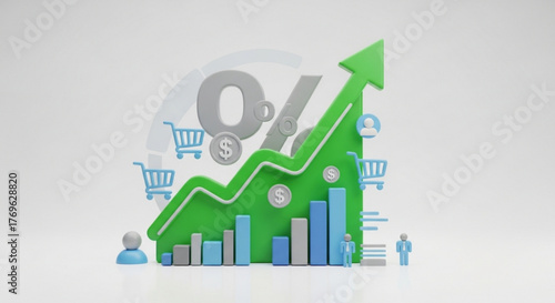 Green upswing chart with shopping carts shows sales