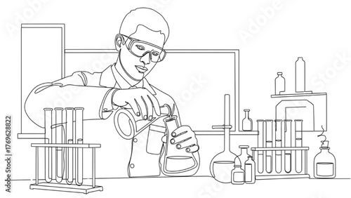 Scientist Line Art — Researcher Pouring Liquids Between Flasks with Lab Table and Test Tubes, Minimal Continuous Vector Illustration