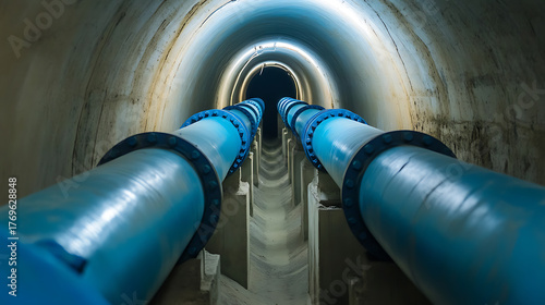 A subterranean view of large, parallel blue pipes running through a concrete tunnel. The pipes are the focal point, creating a symmetrical composition that draws the eye into the tunnel's depths.
