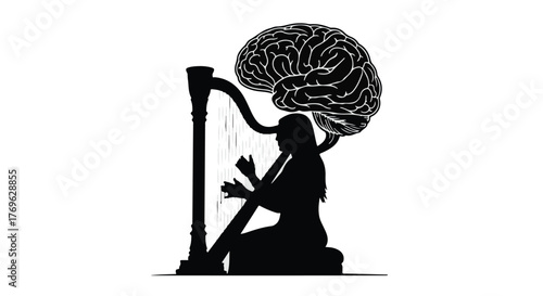 Silhouette of woman playing harp with brain above her head on a white background art piece