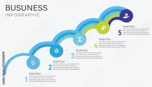 Colorful Curved 5 Step Business Infographic for Strategy, Growth, Planning and Success Presentation Design