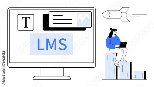 Computer screen displaying LMS interface with icons, user sitting on growth chart working on a laptop, and a rocket symbolizing progress. Ideal for education, e-learning, growth, success, digital