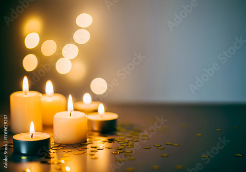 Burning candles with golden confetti and right copy space holiday celebration mood