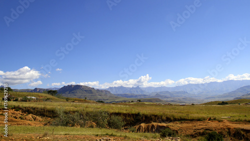 Dirt roads in the QwaQwa villages, located in the mountainous region of the Free State province in South Africa. Trees and plants like Wild Dagga in the foreground. Mountains in the background. 