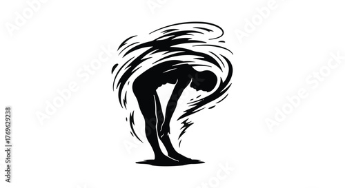 Silhouette of a person bending over surrounded by swirling black ink on white background