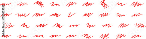 Collection of red scribbles and wavy lines isolated on transparent background, showcasing varied artistic strokes and textures