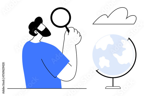 Man examines globe with magnifying glass beside minimalist cloud. Ideal for exploration, education, research, discovery, analysis, geography, environment. Simple flat metaphor