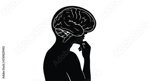 Silhouette of a person with a brain filled with stars contemplating on a white background art