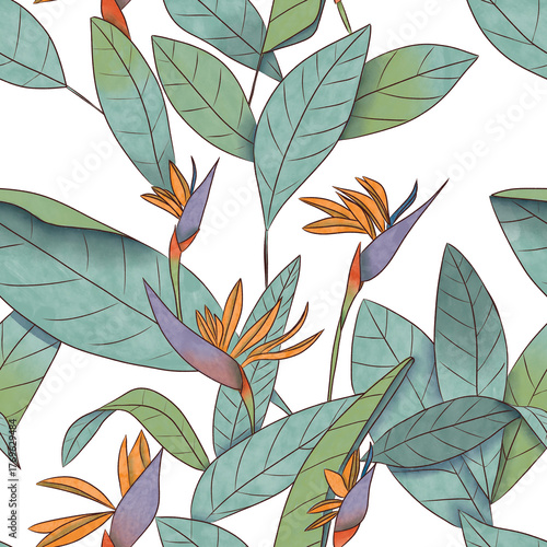 Digital seamless pattern with strelitzia flower and leaves motif; white background