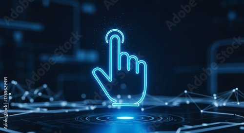 A digital hand reaching out to touch a screen in a futuristic setting