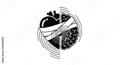 Black and white illustration of a heart and brain connected by a bandage with radiating lines