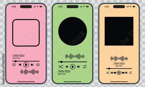 Three colorful smartphones display music player interfaces with varying shapes and equalizer visualizations against a transparent background
