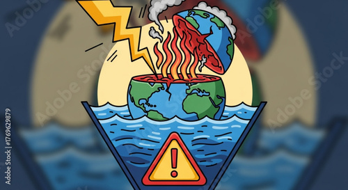 A cartoon depiction of the earth being destroyed by climate change effects