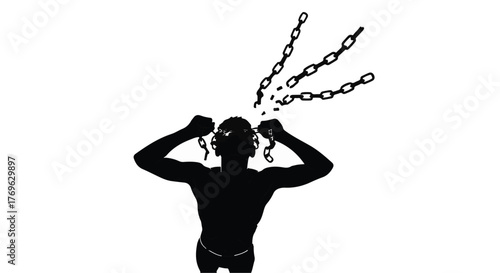 Silhouette of a person breaking chains wrapped around their head in black and white illustration