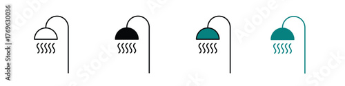 Hot shower icon in outline, solid, and color styles with a white background, available in EPS format. Perfect for bathroom, hygiene, spa, and relaxation-themed designs.