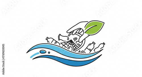 Hand collecting plastic waste from the ocean