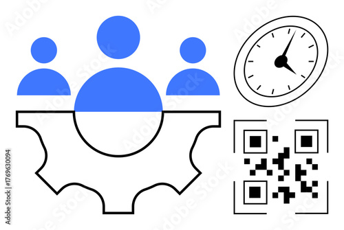 Three figures in a gear, clock, and QR code emphasize collaboration, time management, and digital tools. Ideal for teamwork, productivity, innovation, time tracking tech solutions efficiency