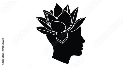 Silhouette of a head with a lotus flower on top in black and white simple illustration art